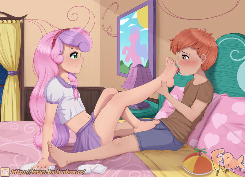 Size: 3425x2480 | Tagged: suggestive, artist:focusb, banned from derpibooru, ponerpics import, button mash, sweetie belle, human, equestria girls, blushing, clothes, feet, female, fetish, foot fetish, foot worship, image, jpeg, licking, licking foot, lolicon, looking at each other, male, ship:sweetiemash, shotacon, skirt, toes, underage