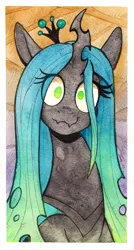 Size: 2974x5536 | Tagged: safe, artist:dandy, derpibooru import, queen chrysalis, changeling, changeling queen, g4, absurd resolution, crown, eye clipping through hair, female, high res, horn, image, jewelry, looking at you, passepartout, png, regalia, smiling, smirk, solo, traditional art, watercolor painting