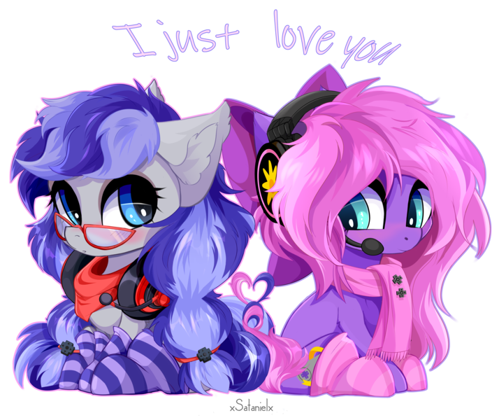 Size: 5000x4200 | Tagged: safe, artist:xsatanielx, derpibooru import, oc, oc:cinnabyte, oc:lillybit, unofficial characters only, earth pony, pony, absurd resolution, blushing, bow, chibi, clothes, commission, duo, duo female, ear fluff, earth pony oc, female, glasses, hair bow, headphones, image, lesbian, looking at each other, looking at someone, mare, oc x oc, png, scarf, shipping, simple background, sitting, socks, striped socks, transparent background, ych result