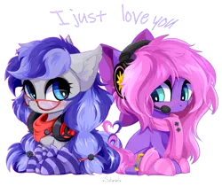 Size: 5000x4200 | Tagged: safe, artist:xsatanielx, derpibooru import, oc, oc:cinnabyte, oc:lillybit, unofficial characters only, earth pony, pony, absurd resolution, blushing, bow, chibi, clothes, commission, duo, duo female, ear fluff, earth pony oc, female, glasses, hair bow, headphones, image, lesbian, looking at each other, looking at someone, mare, oc x oc, png, scarf, shipping, simple background, sitting, socks, striped socks, transparent background, ych result