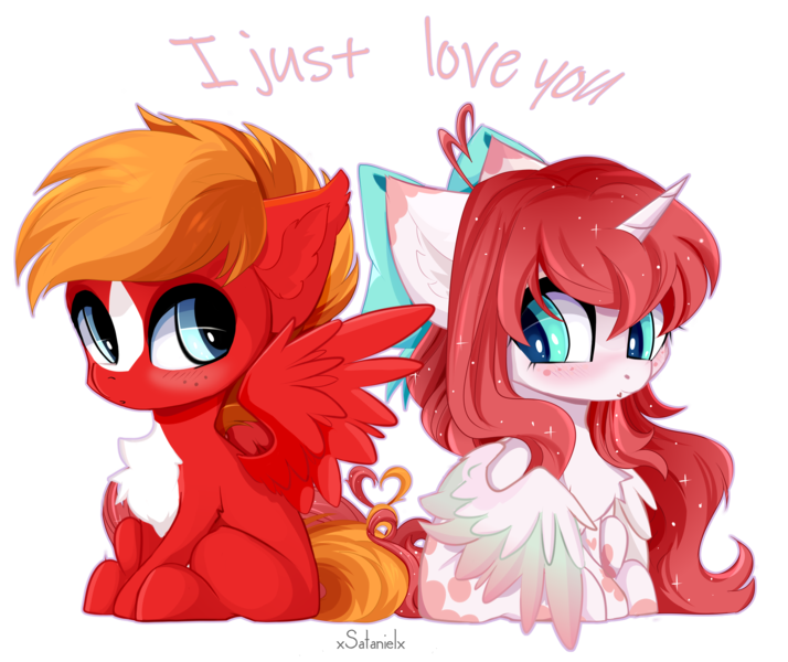 Size: 5000x4200 | Tagged: oc name needed, safe, artist:xsatanielx, derpibooru import, oc, unofficial characters only, alicorn, pegasus, pony, absurd resolution, alicorn oc, blushing, bow, chest fluff, chibi, commission, duo, ear fluff, hair bow, horn, image, looking at each other, looking at someone, oc x oc, pegasus oc, png, shipping, simple background, sitting, spread wings, transparent background, wings, ych result