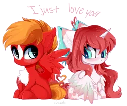 Size: 5000x4200 | Tagged: oc name needed, safe, artist:xsatanielx, derpibooru import, oc, unofficial characters only, alicorn, pegasus, pony, absurd resolution, alicorn oc, blushing, bow, chest fluff, chibi, commission, duo, ear fluff, hair bow, horn, image, looking at each other, looking at someone, oc x oc, pegasus oc, png, shipping, simple background, sitting, spread wings, transparent background, wings, ych result