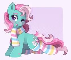 Size: 2048x1739 | Tagged: safe, artist:adostume, derpibooru import, minty, earth pony, pony, g3, :p, clothes, cute, cutie mark, digital art, eyebrows, female, image, looking at you, one eye closed, png, scarf, simple background, socks, solo, striped socks, tongue out, wink