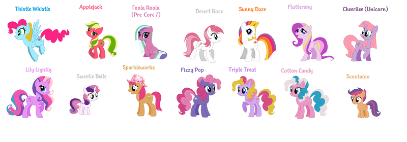 Size: 3748x1312 | Tagged: safe, artist:cloudy glow, artist:durpy, artist:leahrow, artist:lizzmcclin, artist:sammyj-studios, artist:selenaede, derpibooru import, applejack (g3), cheerilee (g3), cotton candy (g3), desert rose, fizzypop, fluttershy (g3), lily lightly, scootaloo (g3), sparkleworks, sunny daze (g3), sweetie belle (g3), thistle whistle, triple treat, earth pony, pegasus, pony, unicorn, g3, g4, base used, g3 to g4, generation leap, hat, horn, image, looking at you, open mouth, open smile, png, simple background, smiling, toola-roola, unicorn cheerilee (g3), white background