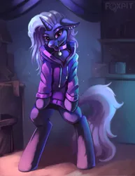 Size: 1688x2183 | Tagged: safe, alternate version, artist:foxpit, derpibooru import, oc, unofficial characters only, pony, unicorn, bipedal, clothes, collar, ear piercing, earring, hoodie, horn, image, jewelry, male, piercing, png, snaggletooth, solo, stallion