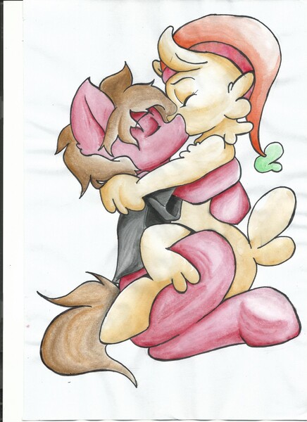 Size: 931x1280 | Tagged: suggestive, artist:fenriz278, derpibooru import, oc, unofficial characters only, earth pony, llama, pony, clothes, commission, duo, female, hat, image, jpeg, kissing, male, shirt, simple background, stallion, straight, t-shirt, traditional art, white background