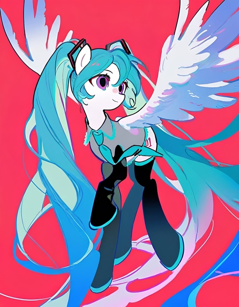 Size: 1792x2304 | Tagged: safe, ai content, artist:jianjiao40987, derpibooru import, machine learning generated, ponified, pegasus, pony, anime, black thigh highs, clothes, detached sleeves, female, full body, grey shirt, hair ornament, hatsune miku, image, jpeg, mare, necktie, red background, shirt, simple background, smiling, socks, solo, spread wings, thigh highs, vocaloid, wings