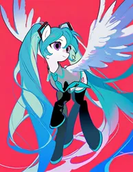 Size: 1792x2304 | Tagged: safe, ai content, artist:jianjiao40987, derpibooru import, machine learning generated, ponified, pegasus, pony, anime, black thigh highs, clothes, detached sleeves, female, full body, grey shirt, hair ornament, hatsune miku, image, jpeg, mare, necktie, red background, shirt, simple background, smiling, socks, solo, spread wings, thigh highs, vocaloid, wings