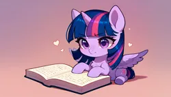 Size: 3840x2176 | Tagged: safe, ai content, derpibooru import, generator:tponynai3, machine learning generated, prompter:truekry, twilight sparkle, twilight sparkle (alicorn), alicorn, pony, g4, book, chibi, cute, gradient background, image, png, reading, sitting, solo, twiabetes, wallpaper