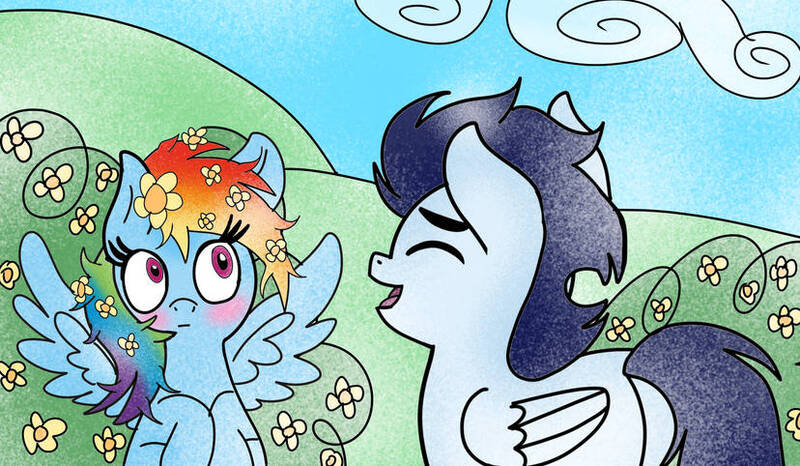 Size: 828x482 | Tagged: safe, artist:mrsdashskies, derpibooru import, rainbow dash, soarin', pegasus, pony, blushing, female, flower, flower in hair, image, jpeg, male, mare, shipping, soarindash, stallion, straight