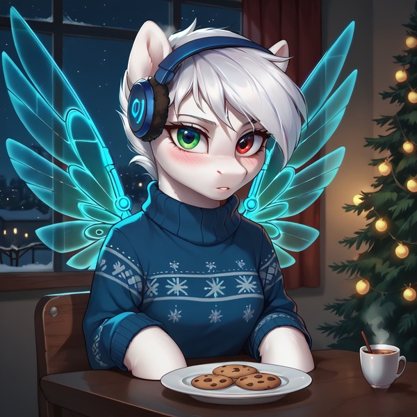 Size: 2048x2048 | Tagged: safe, ai content, derpibooru import, machine learning generated, prompter:lostconn, prompter:xyiloiwg, stable diffusion, oc, oc:philharmonia astarey, unofficial characters only, cyber pony, cyborg, pegasus, blushing, christmas, christmas lights, christmas tree, clothes, cookie, cup, cybernetic wings, earmuffs, female, feral, food, generator:pony diffusion v6 xl, heterochromia, holiday, holographic wings, image, jpeg, looking at you, night, pegasus oc, snow, sweater, teacup, tree, window, wings, winter