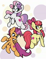 Size: 2341x3014 | Tagged: safe, artist:kindakismet, derpibooru import, apple bloom, scootaloo, sweetie belle, earth pony, pegasus, pony, unicorn, g4, abstract background, apple bloom's bow, bow, cutie mark crusaders, female, filly, foal, hair bow, happy, horn, image, jpeg, open mouth, open smile, smiling, trio