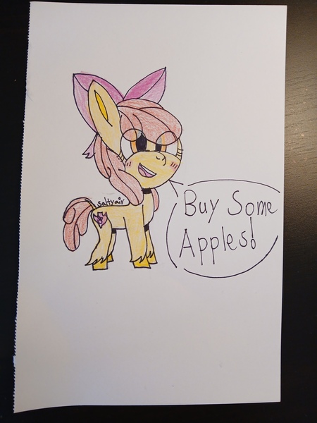 Size: 3060x4080 | Tagged: safe, artist:salty air, derpibooru import, apple bloom, earth pony, pony, g4, adorabloom, apple bloom's bow, blush lines, blush sticker, blushing, bow, buy some apples, colored pencil drawing, cute, cutie mark, derpibooru exclusive, drawing, female, filly, foal, hair bow, image, jpeg, no catchlights, open mouth, orange eyes, paper, photo, pink bow, red mane, red tail, signature, smiling, speech bubble, standing, tail, teeth, traditional art, unshorn fetlocks, yellow coat