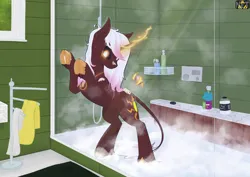 Size: 4092x2893 | Tagged: safe, artist:netango, derpibooru import, oc, oc:ts'eḥāyi, unofficial characters only, classical unicorn, pony, unicorn, bath, bathroom, cloven hooves, commission, curved horn, female, horn, image, indoors, leonine tail, looking at you, magic, magic aura, mare, png, shower, showering, standing, standing on two hooves, tail, telekinesis, unicorn oc, unshorn fetlocks