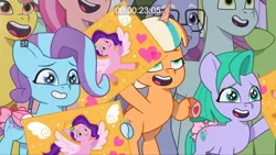 Size: 2160x1215 | Tagged: safe, derpibooru import, screencap, pipp petals, earth pony, pegasus, pony, unicorn, g5, my little pony: tell your tale, leak, spoiler:g5, spoiler:my little pony: tell your tale, spoiler:tyts02e24, about to faint, cute, fantastic shimmer, female, filly, foal, glory (g5), glorydorable, got to trot, horn, image, mare, on hind legs, open mouth, open smile, peach fizz, peachsweet, pippsqueak trio, pippsqueaks, png, poster, seashell (g5), shellabetes, shortcakes the strawberry dessert pony, smiling, starry eyes, tail, wingding eyes