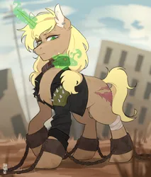 Size: 2300x2700 | Tagged: safe, artist:soahonga, derpibooru import, oc, oc:bulls eye, unofficial characters only, unicorn, fallout equestria, bondage, chains, clothes, collar, disgusted, horn, image, jacket, leather, leather jacket, png, ruins, scar, shackles, slave, slave collar, slavery, solo, unicorn magic, unicorn oc