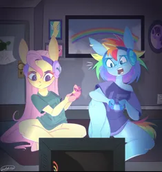 Size: 924x985 | Tagged: safe, artist:fluffyfoxarts, derpibooru import, fluttershy, rainbow dash, anthro, clothes, duo, female, gamershy, headphones, headset, image, jpeg, shirt, video game