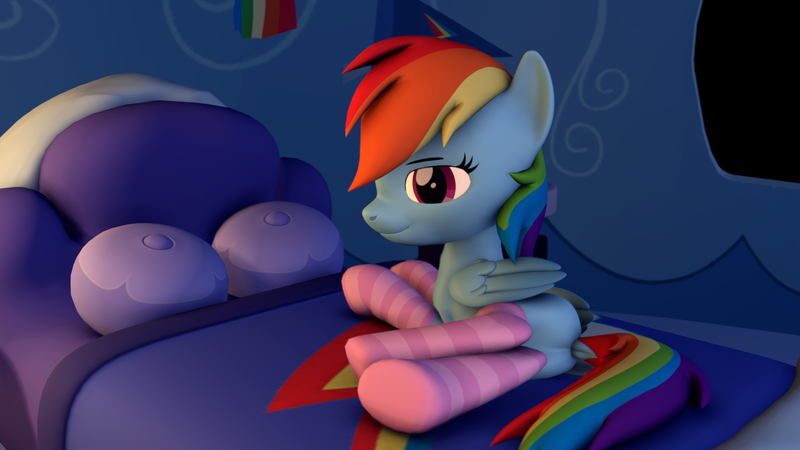 Size: 1920x1080 | Tagged: safe, artist:scorp125, derpibooru import, rainbow dash, pegasus, pony, 3d, bed, butt, clothes, dock, image, on bed, plot, png, rainbow dash's bedroom, rainbutt dash, smiling, socks, solo, source filmmaker, tail