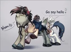 Size: 2953x2155 | Tagged: safe, artist:mithriss, derpibooru import, oc, oc:inju, pegasus, pony, undead, unicorn, zombie, zombie pony, bone, broken horn, choker, cross-popping veins, displeased, emanata, fangs, floppy ears, horn, image, male, png, pushing, rump push, simple background, spiked choker, spread wings, stallion, stitched body, stitches, text, torn ear, wings