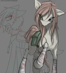 Size: 750x830 | Tagged: semi-grimdark, artist:expectationemesis, derpibooru import, oc, oc:arctic walker, unofficial characters only, earth pony, pony, 2014, 2024, bag, bandage, bandaged leg, blank flank, blood, blood stains, brown mane, brown tail, comparison, cream coat, female, floppy ears, full body, glowstick, gray background, gritted teeth, image, looking back, old art, one ear down, png, raised hoof, saddle bag, self paradox, simple background, solo, standing, tail, teeth, unfinished art, walking, wip