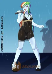 Size: 2894x4093 | Tagged: suggestive, artist:jackudoggy, derpibooru import, rainbow dash, equestria girls, g4, clothes, dress, image, jpeg, microphone, rain, singing, taylor swift, wet