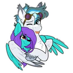 Size: 2500x2500 | Tagged: safe, artist:pink-pone, derpibooru import, oc, unofficial characters only, pegasus, pony, female, goggles, hug, image, male, mare, png, simple background, stallion, transparent background