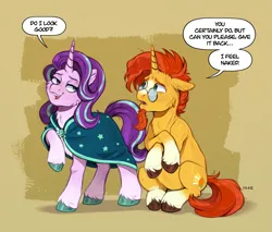 Size: 3235x2756 | Tagged: safe, artist:birdoffnorth, derpibooru import, starlight glimmer, sunburst, pony, unicorn, g4, accessory swap, cape, cheek fluff, chest fluff, cloak, clothes, coat markings, dialogue, duo, duo male and female, female, fluffy, high res, horn, image, lidded eyes, male, mare, png, sitting, smiling, socks (coat marking), speech bubble, stallion, sunburst's cloak, unshorn fetlocks, we don't normally wear clothes