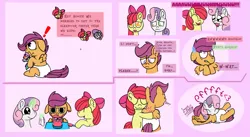 Size: 1155x635 | Tagged: safe, artist:snowflakepone, derpibooru import, apple bloom, scootaloo, sweetie belle, earth pony, pegasus, pony, unicorn, g4, ageplay, burp, caught, comic, cute, cutie mark crusaders, diaper, diaper fetish, exclamation point, female, fetish, filly, foal, horn, image, messy eating, png, raspberry, simple background, speech bubble, sweat, sweatdrop, tongue out, tummy buzz, younger