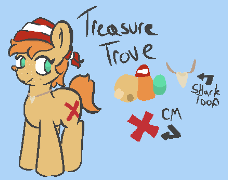 Size: 1122x885 | Tagged: safe, artist:orchard onlooker, ponerpics import, oc, oc:treasure trove, bandana, con mascot, image, looking at you, mascot, png, pone voyage, reference sheet, shark tooth necklace, solo, standing