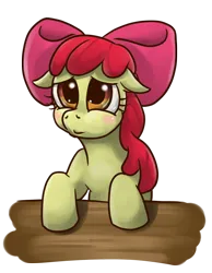 Size: 700x904 | Tagged: safe, artist:mrs1989, derpibooru import, apple bloom, earth pony, pony, g4, blushing, bow, female, filly, floppy ears, foal, hair bow, image, png, pouting, simple background, solo, table, transparent background