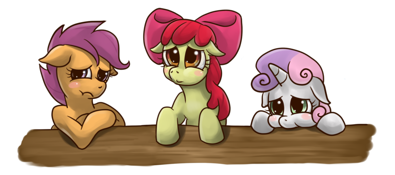 Size: 2043x904 | Tagged: safe, artist:mrs1989, derpibooru import, apple bloom, scootaloo, sweetie belle, earth pony, pegasus, pony, unicorn, g4, blushing, bow, cutie mark crusaders, female, filly, floppy ears, foal, hair bow, horn, image, png, pouting, simple background, table, transparent background