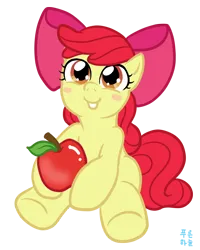 Size: 700x876 | Tagged: safe, artist:mrs1989, derpibooru import, apple bloom, earth pony, pony, g4, :d, apple, blush sticker, blushing, bow, female, filly, foal, food, full body, hair bow, image, open mouth, open smile, png, simple background, sitting, smiling, solo, text, transparent background