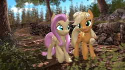 Size: 3840x2160 | Tagged: safe, artist:owlpirate, derpibooru import, applejack, fluttershy, earth pony, pegasus, pony, g4, 3d, 4k, duo, duo female, female, forest, hatless, high res, image, lesbian, mare, missing accessory, nature, open mouth, open smile, outdoors, png, ship:appleshy, shipping, smiling, source filmmaker, tree, walking