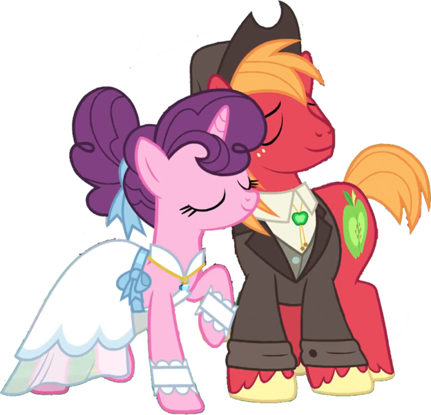 Size: 870x836 | Tagged: safe, derpibooru import, edit, edited screencap, editor:pascalmulokozi2, screencap, big macintosh, sugar belle, earth pony, pony, unicorn, g4, season 9, the big mac question, spoiler:s09, clothes, dress, female, hat, horn, image, male, mare, marriage, married couple, my little pony, not a vector, png, shipping, simple background, smiling, stallion, straight, sugarmac, transparent background, wedding, wedding dress, wedding suit