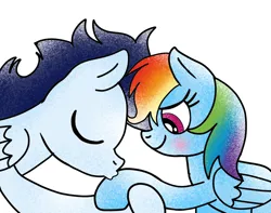 Size: 1280x1007 | Tagged: safe, artist:mrsdashskies, derpibooru import, rainbow dash, soarin', pegasus, pony, blushing, female, hoof kissing, image, jpeg, kissing, male, mare, shipping, soarindash, stallion, straight