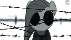 Size: 3840x2160 | Tagged: safe, artist:mbesto, derpibooru import, pinkie pie, earth pony, pony, barbed wire, black and white, crossover, egor letov, female, glasses, grayscale, image, looking at you, mare, monochrome, pinkamena diane pie, png, show accurate, solo, wires