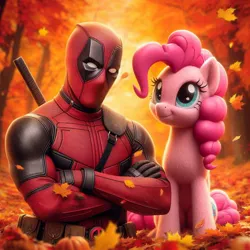 Size: 1024x1024 | Tagged: safe, ai content, derpibooru import, machine learning generated, prompter:bluey2309, pinkie pie, earth pony, human, g4, autumn, crossover, deadpool, female, image, jpeg, leaves, male, marvel, marvel comics