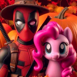 Size: 1024x1024 | Tagged: safe, ai content, derpibooru import, machine learning generated, prompter:bluey2309, pinkie pie, earth pony, human, crossover, deadpool, female, image, jpeg, looking at you, male, marvel, pumpkin