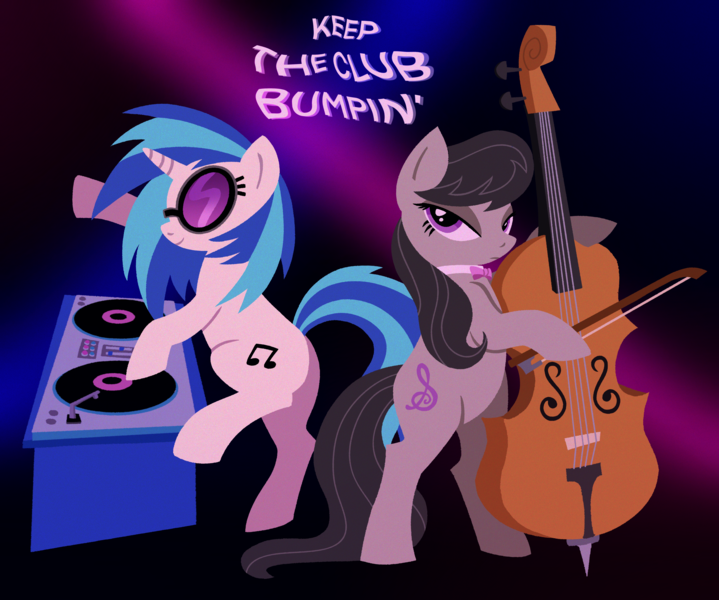 Size: 4256x3554 | Tagged: safe, artist:catponything, derpibooru import, octavia melody, vinyl scratch, earth pony, pony, unicorn, g4, bow (instrument), bowtie, cello, cello bow, duo, duo female, female, glasses, horn, image, lesbian, looking at you, musical instrument, nightclub, png, raised hoof, serious, serious face, smiling, standing, standing on one leg, standing on two hooves, strobe lights, sunglasses, text, turntable