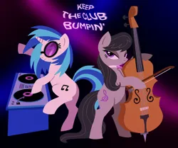 Size: 4256x3554 | Tagged: safe, artist:catponything, derpibooru import, octavia melody, vinyl scratch, earth pony, pony, unicorn, g4, bow (instrument), bowtie, cello, cello bow, duo, duo female, female, glasses, horn, image, lesbian, looking at you, musical instrument, nightclub, png, raised hoof, serious, serious face, smiling, standing, standing on one leg, standing on two hooves, strobe lights, sunglasses, text, turntable