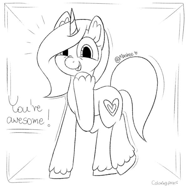 Size: 2755x2755 | Tagged: safe, artist:mashee, derpibooru import, oc, oc:mashee, unofficial characters only, pony, unicorn, cheerful, coloring page, cutie mark, female, firealpaca, full body, happy, heart, heart ears, hoof fluff, hooves, hooves up, horn, image, lineart, looking at you, mare, monochrome, open mouth, png, ponysona, simple background, solo, white background