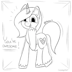 Size: 2755x2755 | Tagged: safe, artist:mashee, derpibooru import, oc, oc:mashee, unofficial characters only, pony, unicorn, cheerful, coloring page, cutie mark, female, firealpaca, full body, happy, heart, heart ears, hoof fluff, hooves, hooves up, horn, image, lineart, looking at you, mare, monochrome, open mouth, png, ponysona, simple background, solo, white background