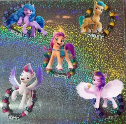 Size: 732x720 | Tagged: safe, artist:lnx1ynight16, derpibooru import, part of a set, hitch trailblazer, izzy moonbow, pipp petals, sunny starscout, zipp storm, earth pony, pegasus, pony, unicorn, g5, bracelet, braid, horn, image, jewelry, jpeg, kandi, looking at someone, looking at you, phone, smiling, smiling at you, spread wings, sunny's bag, tiara, wings