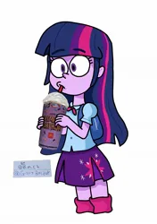 Size: 1439x2048 | Tagged: safe, artist:garybaldor, derpibooru import, twilight sparkle, human, equestria girls, g4, clothes, drink, drinking, drinking straw, female, grimace shake, image, jpeg, mcdonald's, meme, milkshake, shirt, signature, simple background, skirt, solo, white background