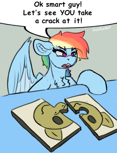 Size: 1169x1520 | Tagged: safe, artist:reddthebat, derpibooru import, rainbow dash, pegasus, pony, g4, angry, chest fluff, dialogue, dumb, ear fluff, female, floppy ears, furrowed brow, image, mare, meme, png, ponified meme, puzzle, rainbow dumb, solo, speech bubble, stupid