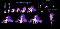 Size: 1280x612 | Tagged: safe, artist:aurorastarsparkle, derpibooru import, oc, oc:aurora starshine sparkle, unofficial characters only, alicorn, pony, equestria girls, g4, 5-year-old, adult, age progression, baby, baby pony, base used, big mane, bio in description, black background, crown, element of magic, ethereal mane, female, filly, foal, hoof shoes, image, jewelry, jpeg, offspring, older, parent:flash sentry, parent:twilight sparkle, parents:flashlight, reference sheet, regalia, simple background, solo, teenager, tiara