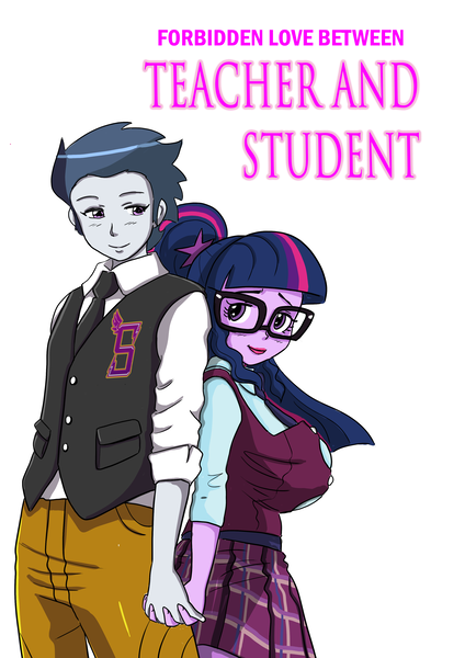 Size: 5953x8419 | Tagged: safe, artist:yohana, derpibooru import, rumble, sci-twi, twilight sparkle, equestria girls, g4, big breasts, breasts, busty sci-twi, busty twilight sparkle, cover art, height difference, huge breasts, image, older, older rumble, png, twirumble