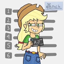 Size: 1018x1024 | Tagged: safe, artist:garybaldor, derpibooru import, applejack, human, equestria girls, g4, applejack's hat, barbie mugshot meme, clothes, cowboy hat, female, freckles, grin, hat, image, jpeg, meme, mugshot, shirt, skirt, smiling, solo, squint