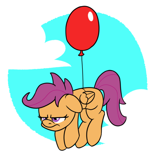 Size: 800x800 | Tagged: safe, artist:unitxxvii, derpibooru import, scootaloo, pegasus, pony, g4, balloon, floating, floppy ears, frown, furrowed brow, image, partially transparent background, png, scootaloo is not amused, solo, unamused