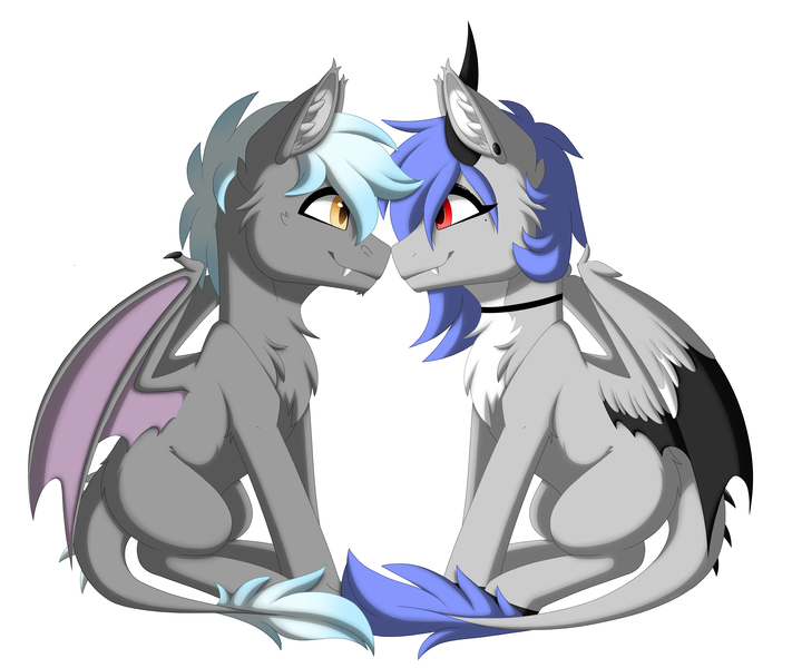 Size: 3600x3038 | Tagged: safe, alternate version, artist:melodytheartpony, derpibooru import, oc, oc:chain lightning, oc:melody silver, unofficial characters only, dracony, dragon, hybrid, pegasus, pony, choker, commission, dragon wings, duo, ear piercing, facing each other, female, feral, happy, image, long mane, looking at each other, looking at someone, male, mare, piercing, png, red eyes, short mane, signature, simple background, sitting, smiling, spread wings, white background, wings, ych result, your character here